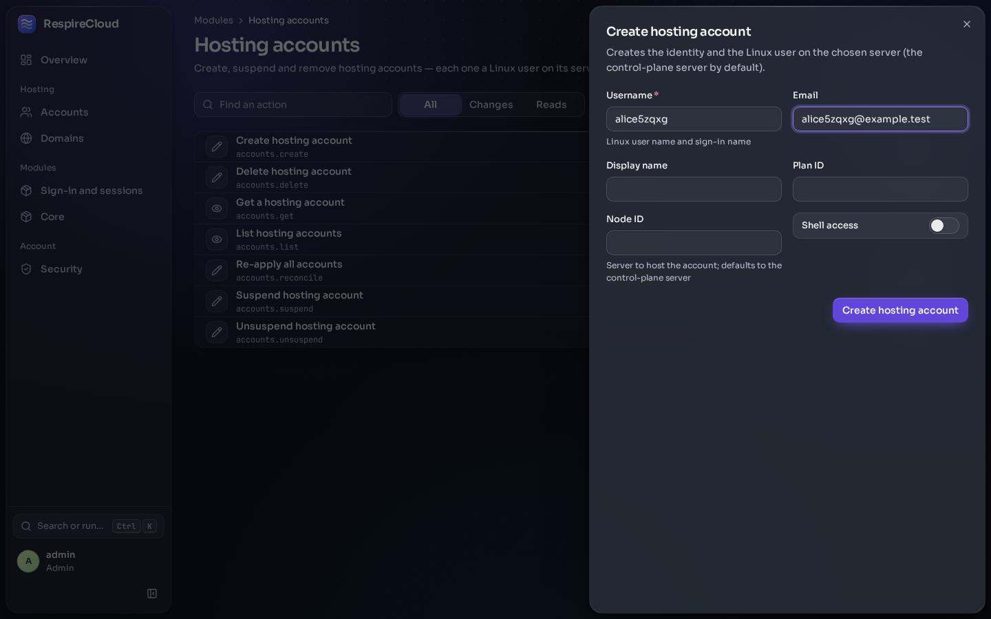 The Create hosting account form open in a side sheet beside the list of account actions.