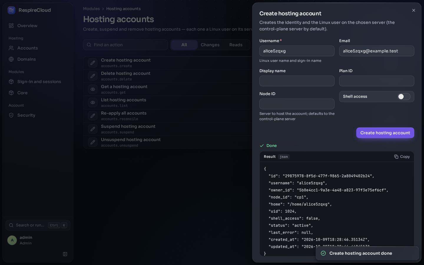 The Create hosting account sheet showing Done and the JSON result of the new account.