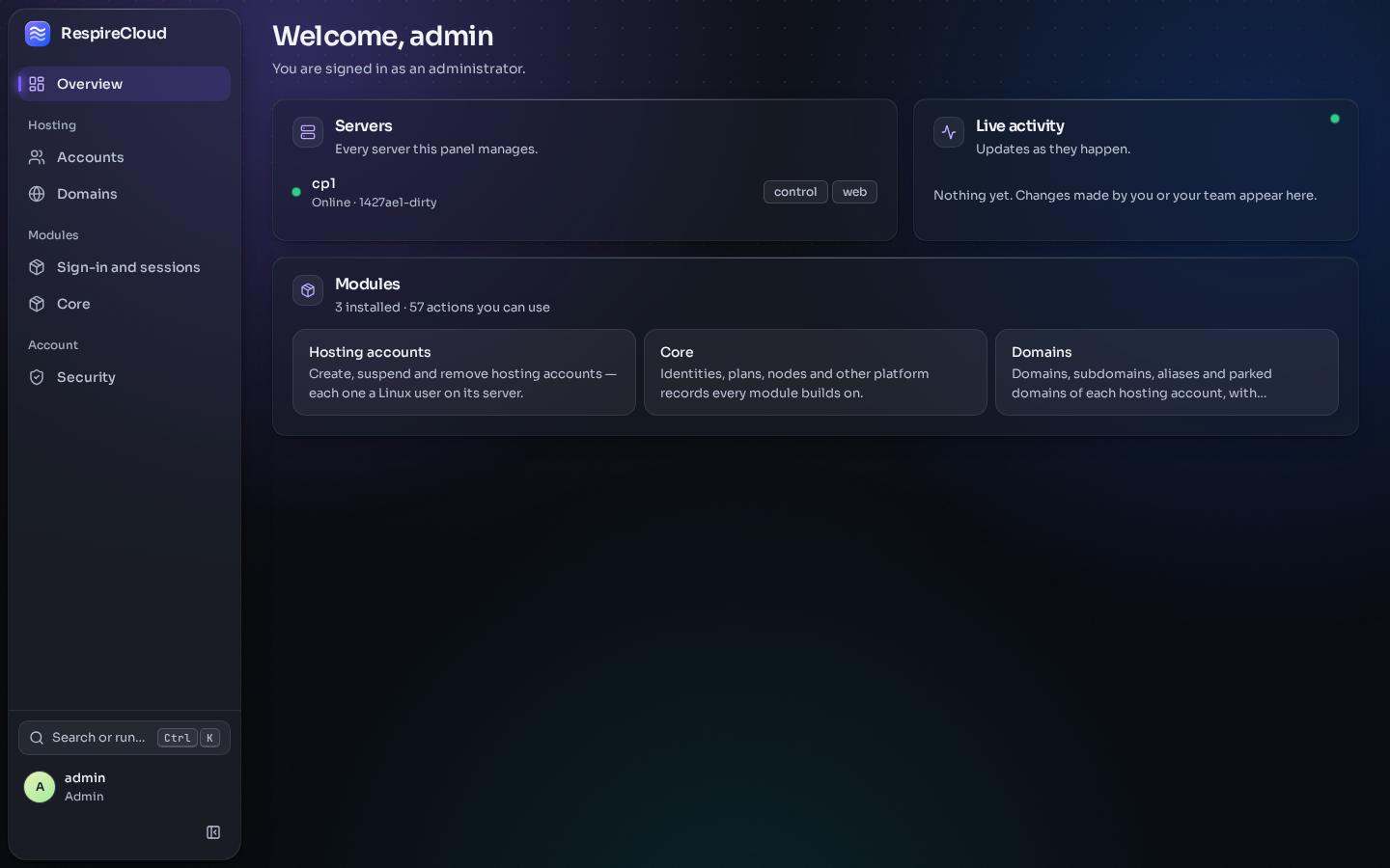 The RespireCloud panel overview: servers with live status, live activity and installed modules, on frosted glass over a violet aurora.