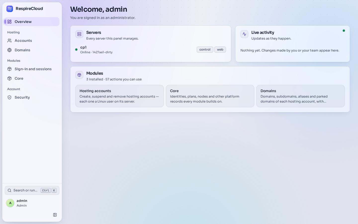 The RespireCloud panel overview: servers with live status, live activity and installed modules, on frosted glass over a violet aurora.