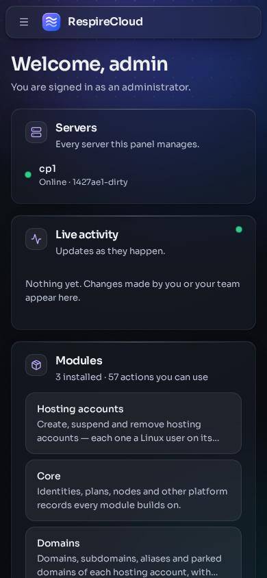 The panel overview on a phone, with the menu button, the servers card and live activity.