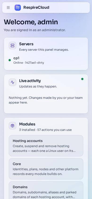 The panel overview on a phone, with the menu button, the servers card and live activity.