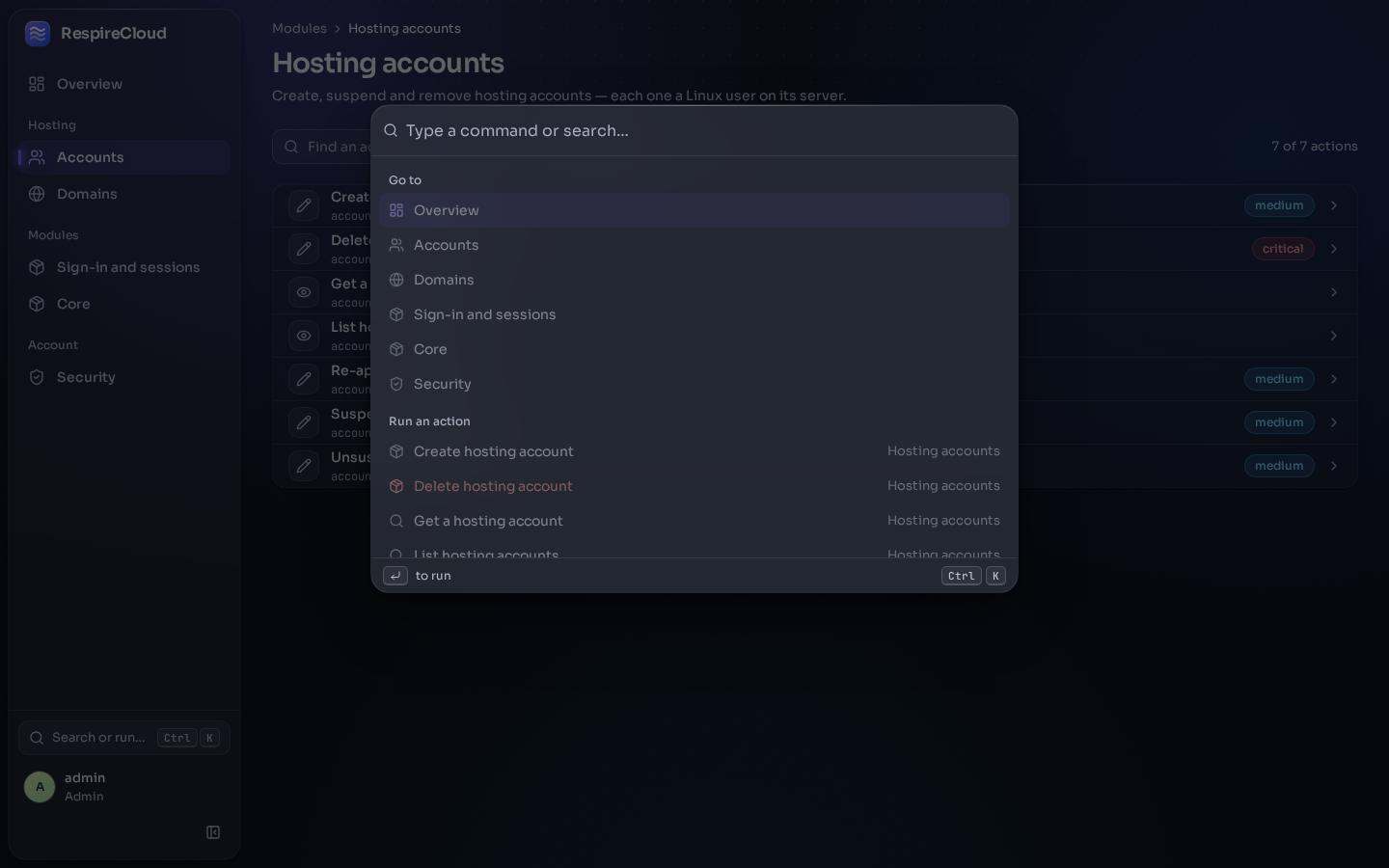 The command palette open over the hosting accounts page, listing pages and actions.