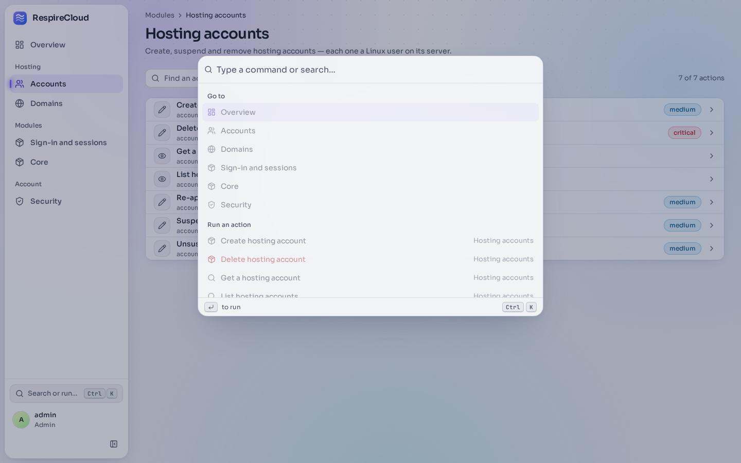 The command palette open over the hosting accounts page, listing pages and actions.