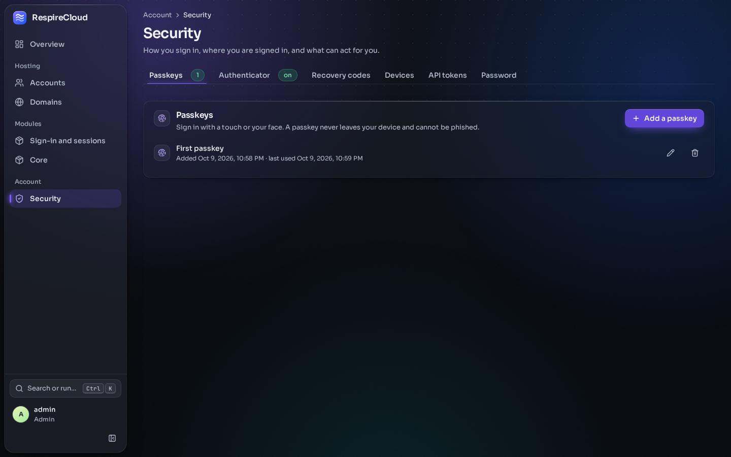 The Security page with passkeys, authenticator, recovery codes, devices, API tokens and password tabs.