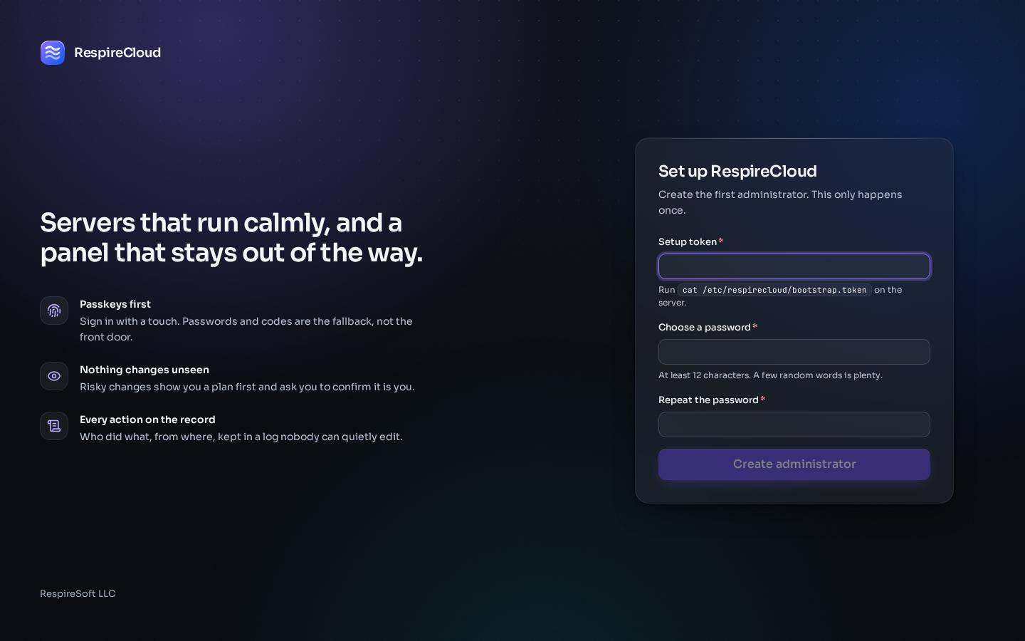 The RespireCloud setup screen asking for the setup token and a new administrator password.