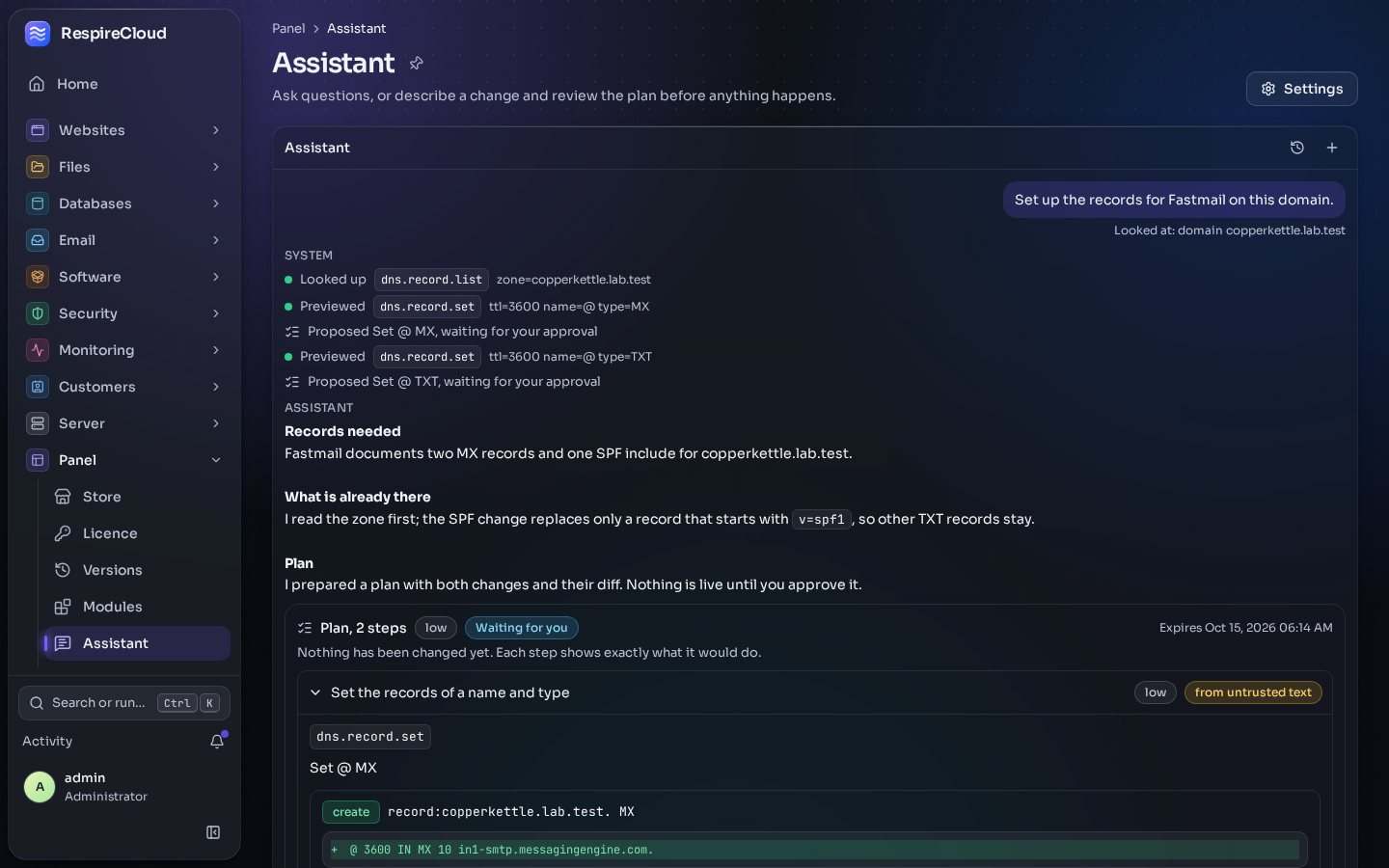 The Assistant page in the panel: a request to set up the records for Fastmail, the lookups and previews, and a two-step plan with its diff, waiting for approval.