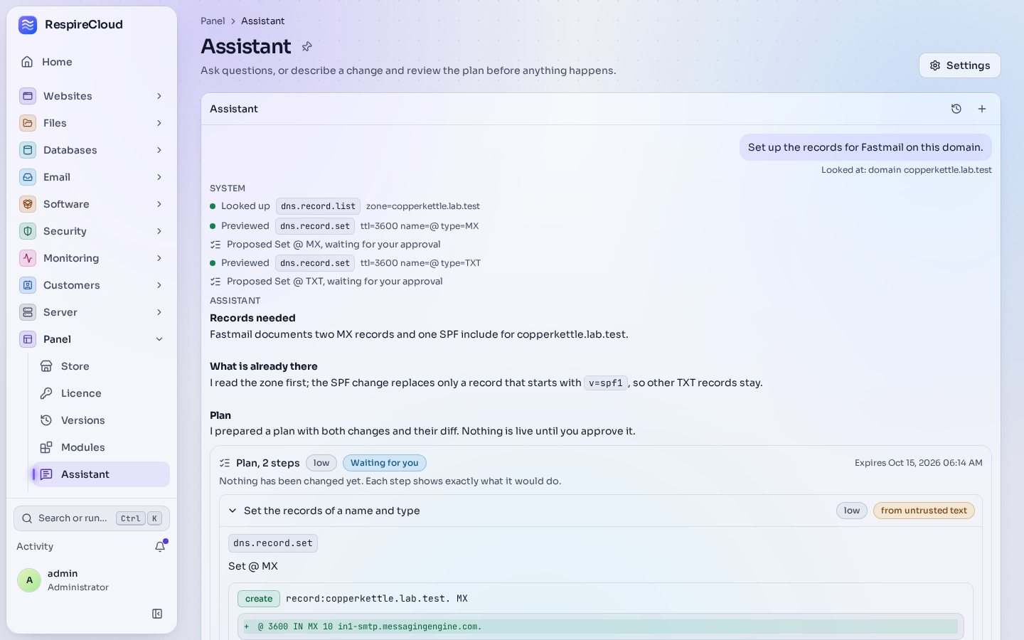 The Assistant page in the panel: a request to set up the records for Fastmail, the lookups and previews, and a two-step plan with its diff, waiting for approval.