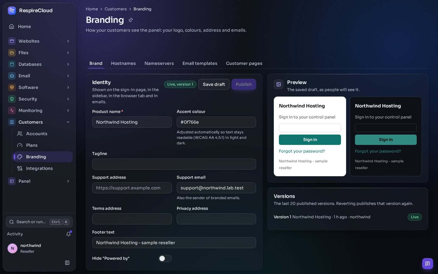 The Branding page: an unpublished default brand with identity fields, a light and dark sign-in preview, and tabs for host names, nameservers, email templates and customer pages.