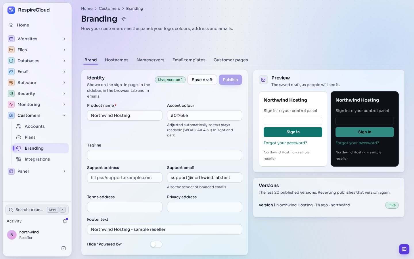 The Branding page: an unpublished default brand with identity fields, a light and dark sign-in preview, and tabs for host names, nameservers, email templates and customer pages.