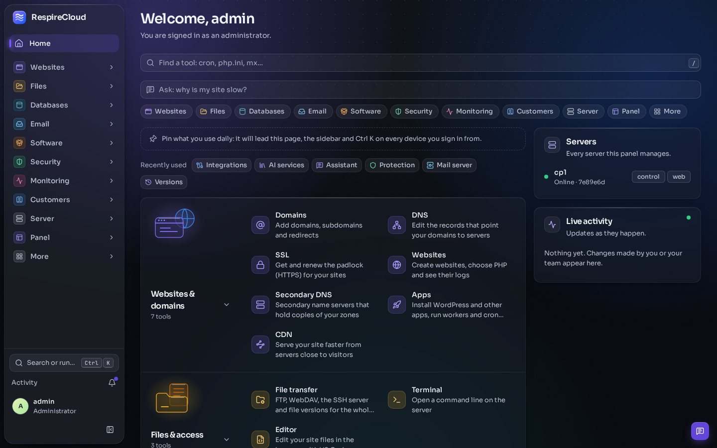The panel's home screen: a tool search, an Ask box that suggests 'why is my site slow?', categories of tools and the assistant button in the corner.