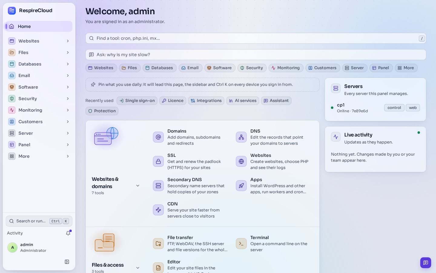 The panel's home screen: a tool search, an Ask box that suggests 'why is my site slow?', categories of tools and the assistant button in the corner.